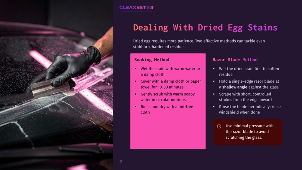 3 Dealing With Dried Egg Stains Close-Up Of A Gloved Hand Using A Razor Blade To Carefully Remove Dried Egg Residue From A Car Windshield. The Image Highlights The &Quot;Razor Blade Method&Quot; For Cleaning, Emphasizing A Shallow Angle For Safety.