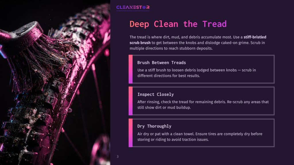 Close-Up Of A Stiff Brush Cleaning Mud And Debris From A Bicycle Tire Tread. Text Reads: &Quot;Cleanestor&Quot;, &Quot;Deep Clean The Tread&Quot;, &Quot;Brush Between Treads&Quot;, &Quot;Inspect Closely&Quot;, &Quot;Dry Thoroughly&Quot;.