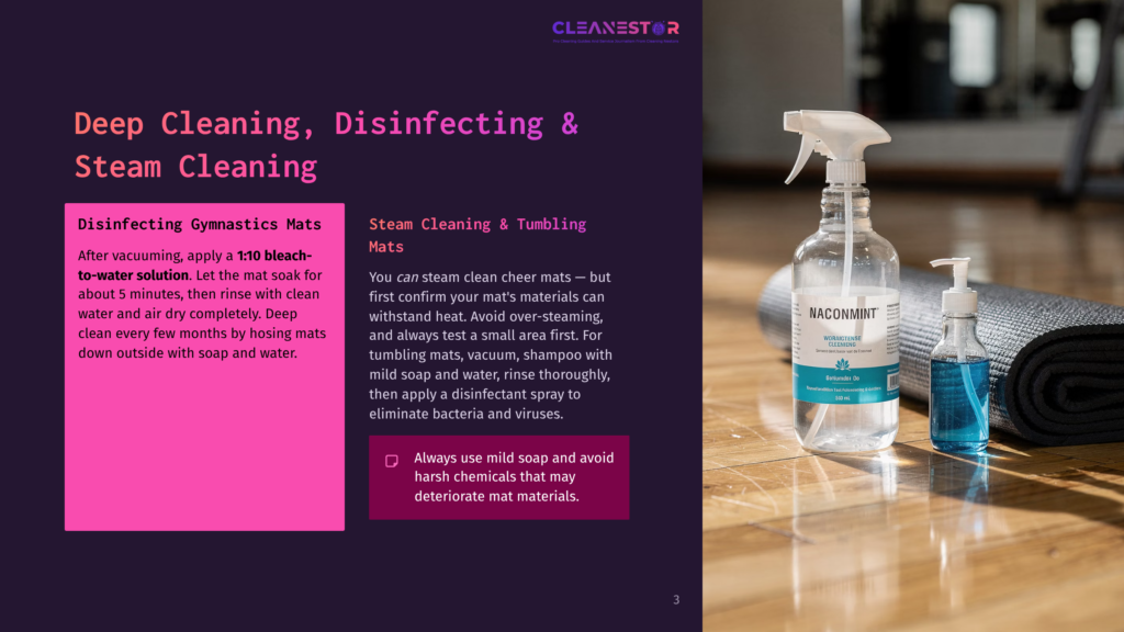 A Clear Bottle Of Disinfectant Spray Labeled &Quot;Naconmint&Quot; Sits Next To A Smaller Bottle With A Blue Liquid, On A Wooden Table, With Gym Mats And A Yoga Mat In The Background. Text Reads: &Quot;Always Use Mild Soap And Avoid Harsh Chemicals That May Deteriorate Mat Materials.