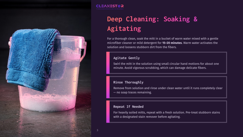 An Infographic Displays A Bucket With A Blue Towel On A Table, Showing Cleaning Instructions. The Bucket Is Filled With A Pink Liquid, And The Towel Is Folded Neatly. The Text Explains The Deep Cleaning Process Of Soaking And Agitating Microfiber Cloths.