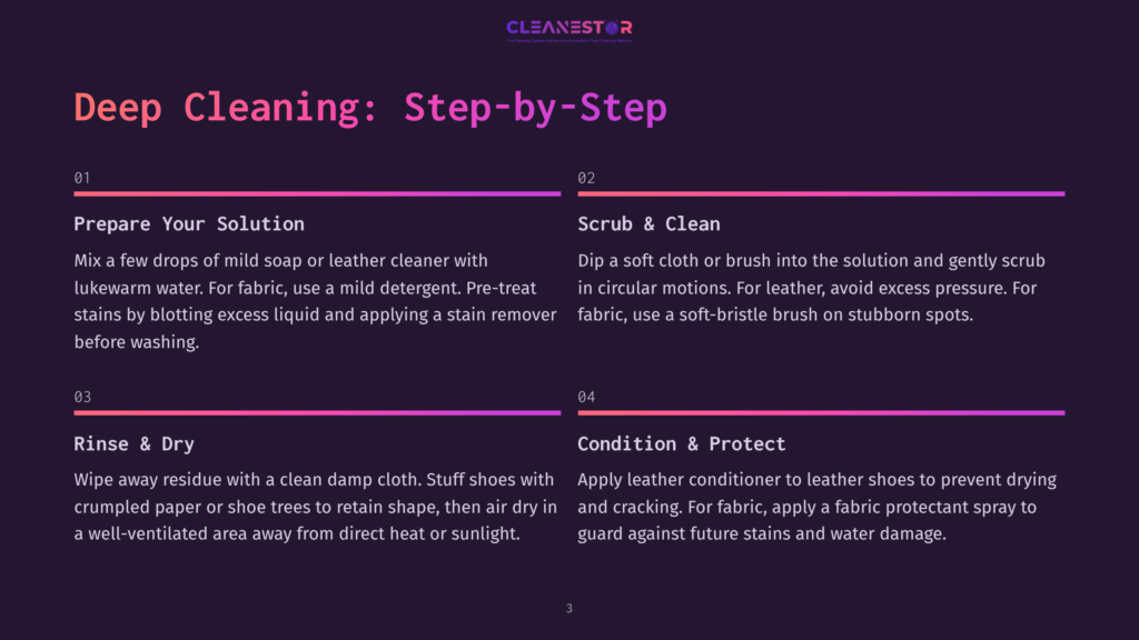 Deep Cleaning: Step-By-Step Guide For Shoes. Includes Sections On Prepare Your Solution, Scrub &Amp; Clean, Rinse &Amp; Dry, And Condition &Amp; Protect.