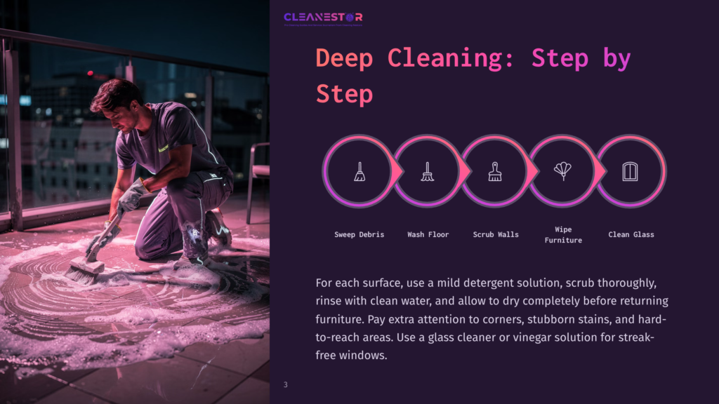 A Man In Purple Overalls Scrubs A Wet, Foamy Floor With A Large Brush On A Balcony, With The Text &Quot;Deep Cleaning: Step By Step&Quot; And Icons Representing Cleaning Tasks Above.