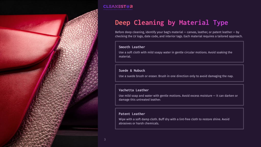 3 Deep Cleaning By Material Type Close-Up Of A Red And Metallic Pink Leather Handbag. Text Overlay Reads &Quot;Cleanestor&Quot; And &Quot;Deep Cleaning By Material Type&Quot;.