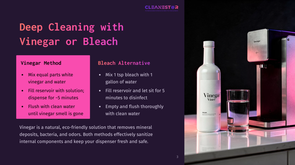A White Bottle Of &Quot;Vinegar&Quot; Cleaner And A Glass Of Water Sit Next To A Dispenser, Illustrating Deep Cleaning With Vinegar Alternatives.