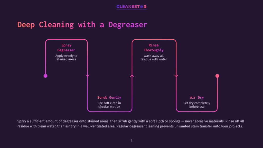3 Deep Cleaning With A Degreaser Infographic Detailing The Steps For Deep Cleaning With A Degreaser: Spray Degreaser, Scrub Gently, Rinse Thoroughly, And Air Dry. The Steps Are Presented In A Vertical Flow Chart With Colorful Icons.