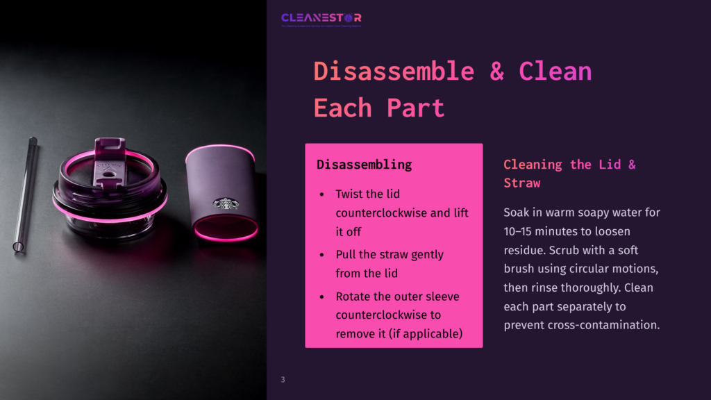 A Purple And Pink Starbucks Travel Cup With Its Lid Off And Straw On A Black Surface, Next To A Cleaning Instruction Infographic. The Infographic Details How To Disassemble And Clean Each Part Of The Cup.