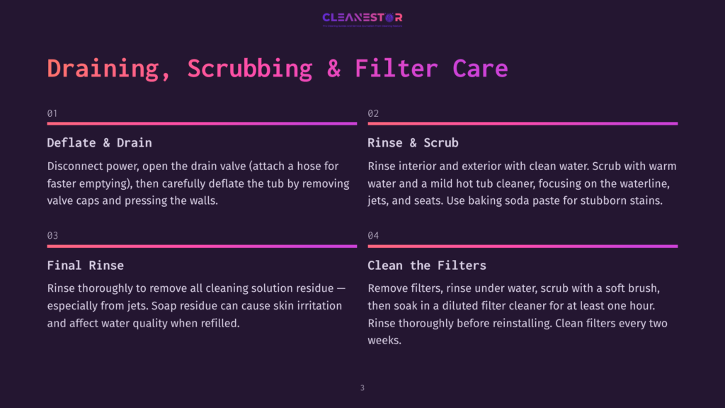 3 Draining Scrubbing And Filter Care Cleanestor Logo And Instructions For Draining, Scrubbing, And Filter Care For Hot Tubs, Including Steps 01-04 And Detailed Cleaning Advice.