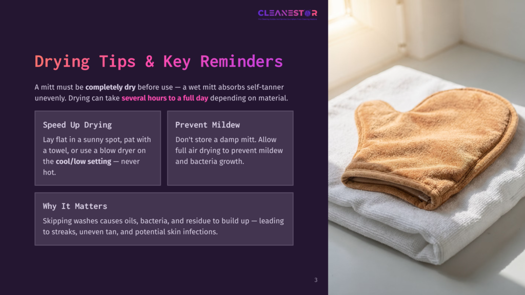 A Tanning Mitt Rests On A White Towel Next To A Folded Towel, With Text Overlay About Drying Tips And Key Reminders For Self-Tanner Application.