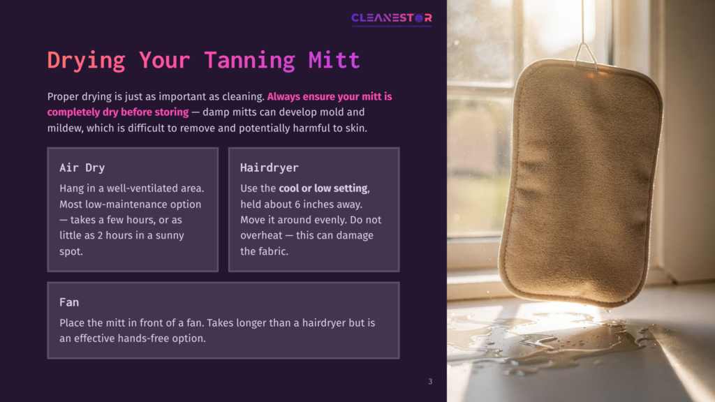 A Tanning Mitt Hangs Drying Near A Window, With Water Droplets On The Sill. The Image Includes Text About Drying Tanning Mitts, Including Air Drying, Hairdryer, And Fan Methods.