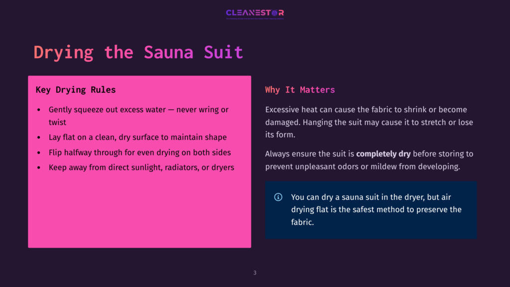3 Drying The Sauna Suit A Presentation Slide Titled &Quot;Drying The Sauna Suit&Quot; With Key Drying Rules And A Warning About Excessive Heat. The Slide Features The Cleanestor Logo And Text In Pink And Dark Blue.