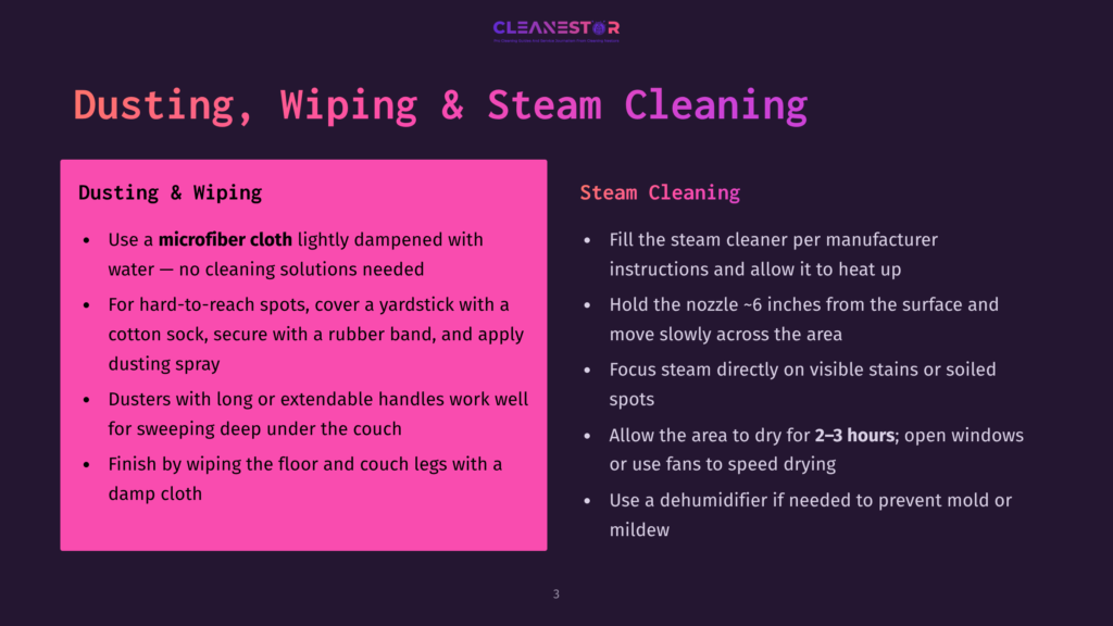 A Dark Purple Slide Titled &Quot;Dusting, Wiping &Amp; Steam Cleaning&Quot; Lists Cleaning Tips. The Left Side Details Dusting Methods With Microfiber Cloths And Yardsticks, While The Right Side Outlines Steam Cleaning Techniques For Surfaces And Humidifiers.