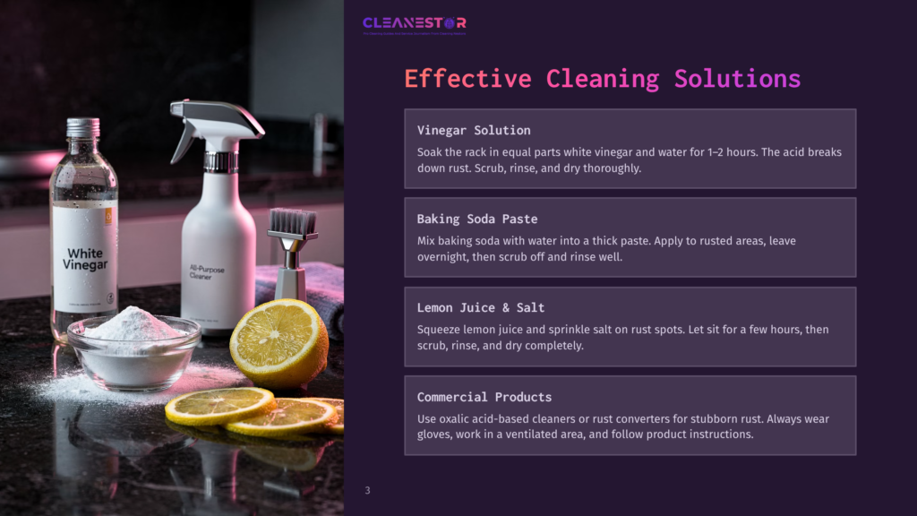 Cleanestor Logo And Text &Quot;Effective Cleaning Solutions&Quot; Above Three Cleaning Solutions: White Vinegar, Baking Soda Paste, And Lemon Juice And Salt, On A Dark Countertop.