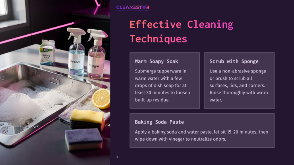 A Kitchen Sink Filled With Soapy Water, With Bottles Of &Quot;Cleaner&Quot; And &Quot;Vinegar,&Quot; And A Box Of Baking Soda On The Counter. A Lemon Half Sits Nearby, Ready For Effective Cleaning Techniques.