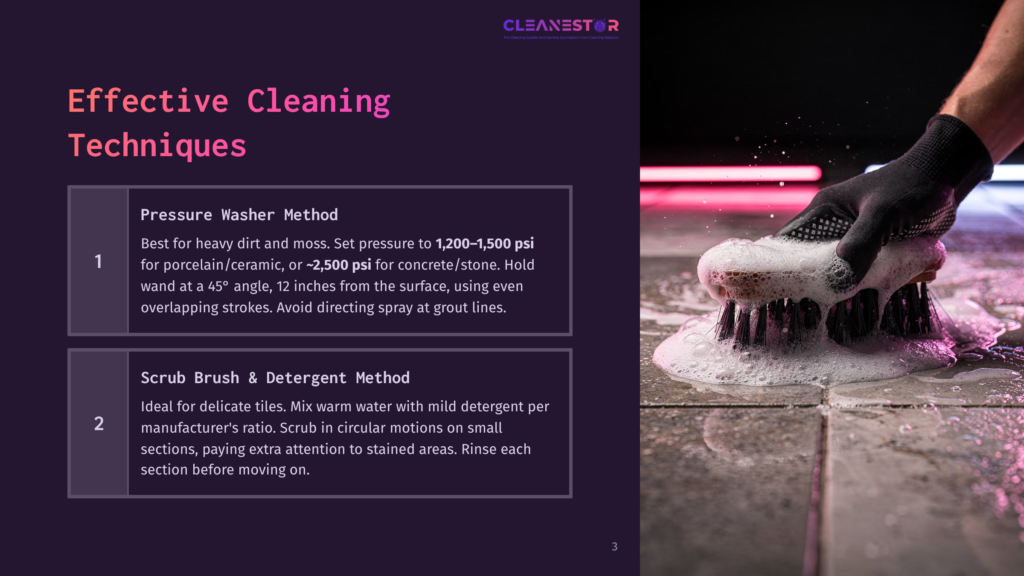3 Effective Cleaning Techniques Close-Up Of A Gloved Hand Scrubbing A Textured Surface With A Stiff Brush, Creating White Foam. The Image Is Part Of A Guide On Effective Cleaning Techniques, Detailing Pressure Washer And Scrub Brush Methods.