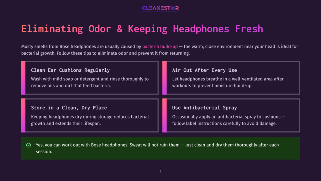 Infographic Titled &Quot;Cleanestor&Quot; With Tips For Eliminating Odor And Keeping Headphones Fresh, Including Cleaning Ear Cushions, Airing Out After Use, Storing In A Clean, Dry Place, And Using Antibacterial Spray.