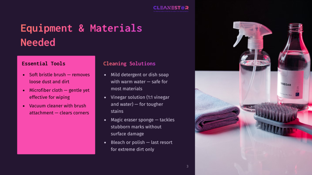 3 Equipment And Materials Needed Cleanestor Cleaning Supplies: A Spray Bottle Of Cleaner, A Microfiber Cloth, And A Bottle Of Vinegar Next To A Cleaning Brush.