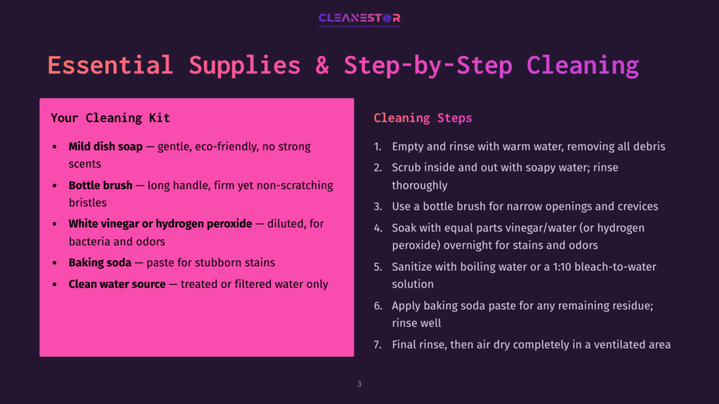3 Essential Supplies And Step By Step Cleaning A Dark Purple Background Displays &Quot;Essential Supplies &Amp; Step-By-Step Cleaning&Quot; In Large White And Pink Text. The Left Side Lists &Quot;Your Cleaning Kit&Quot; With Items Like Mild Dish Soap, Bottle Brush, And Baking Soda. The Right Side, Titled &Quot;Cleaning Steps,&Quot; Outlines A 7-Step Process For Effective Cleaning.