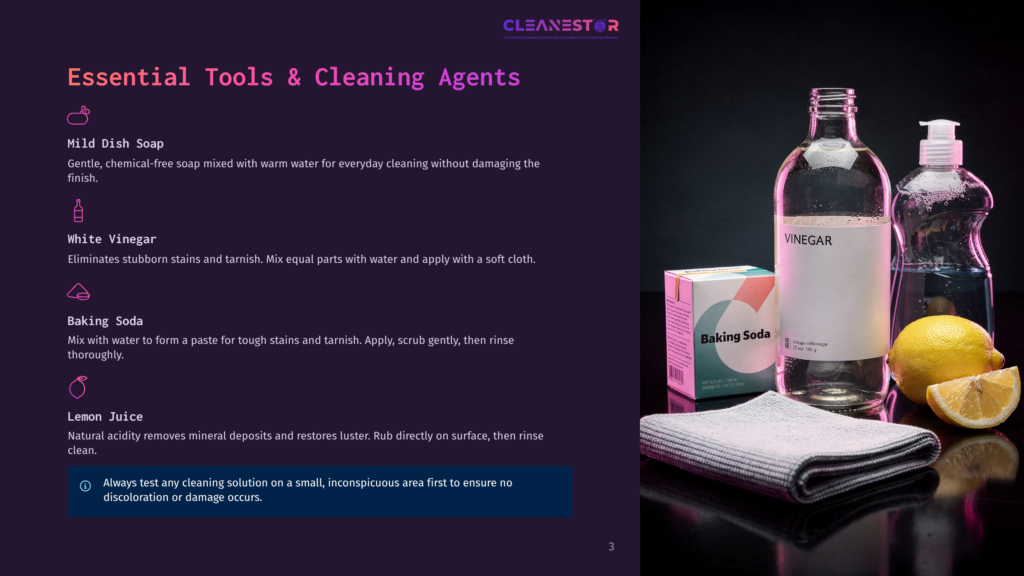 Essential Cleaning Agents, Including White Vinegar, Baking Soda, And Mild Dish Soap, Are Displayed Next To A Cleaning Cloth And Lemons On A Dark Surface.