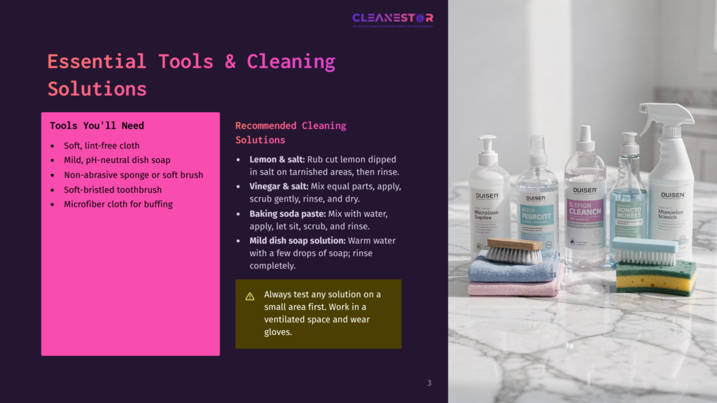 Essential Cleaning Tools And Solutions Including Soft Cloths, A Dish Soap, And A Toothbrush Are Displayed On A Marble Countertop.