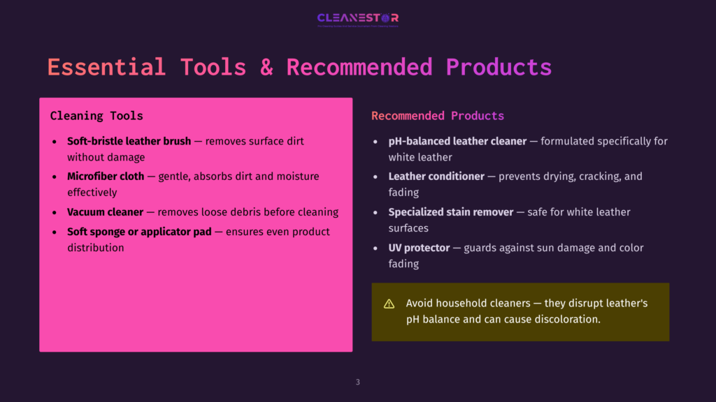 A Slide Titled &Quot;Essential Tools &Amp; Recommended Products&Quot; From Cleanestor Lists Cleaning Tools Like Soft-Bristle Brushes And Microfiber Cloths, And Recommended Products Including Ph-Balanced Leather Cleaner And Uv Protector.