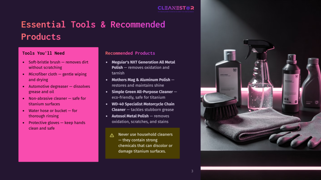 3 Essential Tools And Recommended Products A Pink And Black Infographic On A Dark Background Lists Essential Tools And Recommended Products For Cleaning Titanium Surfaces, Including Brushes, Microfiber Cloths, Degreasers, And Specialized Cleaners. On The Right Side, Various Cleaning Products Are Displayed Against A Purple Light Background.