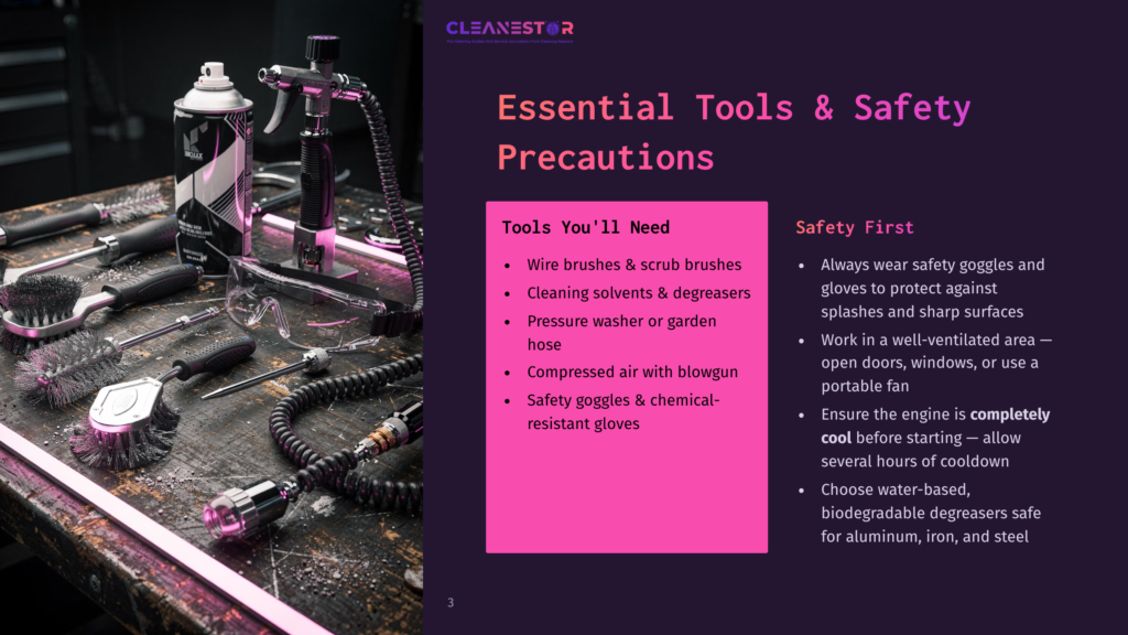 Essential Tools &Amp; Safety Precautions For Cleaning, Including Wire Brushes, Degreasers, Pressure Washer, Safety Goggles, And Gloves, Displayed On A Wooden Surface.