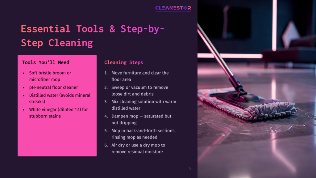 A Modern Mop With A Microfiber Head Cleans A Wet, Tiled Floor. The Image Also Shows A Pink And Purple Graphic Overlay With Text About &Quot;Essential Tools &Amp; Step-By-Step Cleaning&Quot; And Cleaning Supplies.