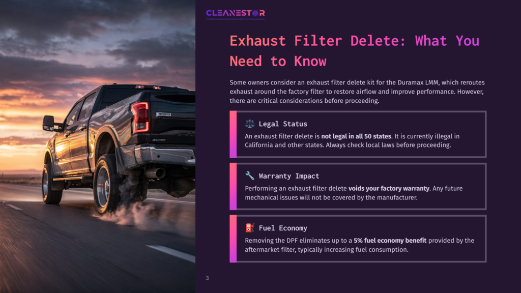 A Black Ford F-150 Truck Drives Down A Highway At Sunset, With The Text &Quot;Cleanestor Exhaust Filter Delete: What You Need To Know&Quot; And Information About Legal Status, Warranty Impact, And Fuel Economy.