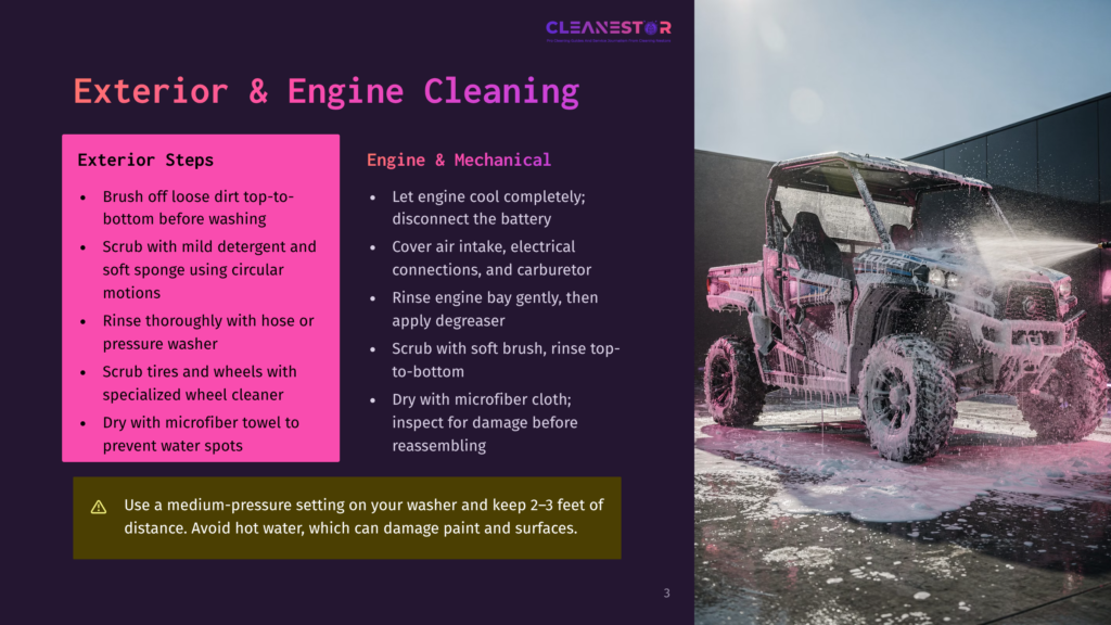 3 Exterior And Engine Cleaning 1 A Utv Is Covered In Thick White Foam As It Is Detailed During An Exterior And Engine Cleaning Process. The Image Displays Cleaning Steps On The Left Side, Including &Quot;Exterior Steps&Quot; And &Quot;Engine &Amp; Mechanical&Quot; Instructions.