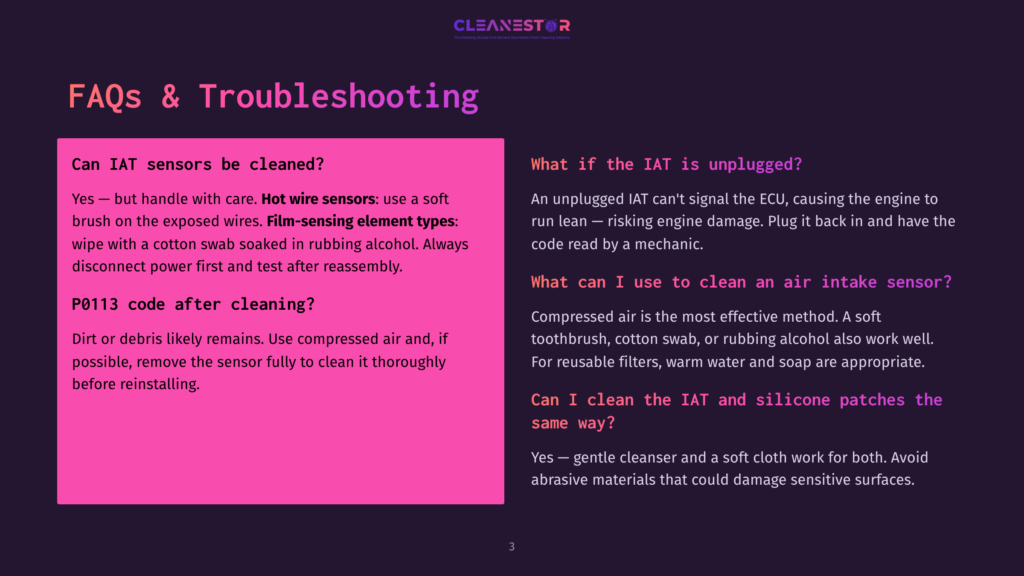 Purple Screen With Faqs About Cleaning Car Sensors. Text Includes &Quot;Can Iat Sensors Be Cleaned?&Quot;, &Quot;P0113 Code After Cleaning?&Quot;, And &Quot;What If The Iat Is Unplugged?&Quot;.