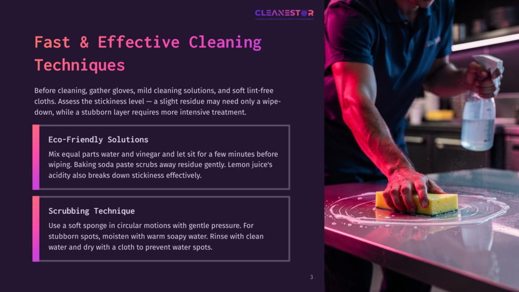 3 Fast And Effective Cleaning Techniques A Person In A Black Shirt Scrubs A Shiny Surface With A Yellow Sponge And Cleaning Solution, Demonstrating Fast And Effective Cleaning Techniques.