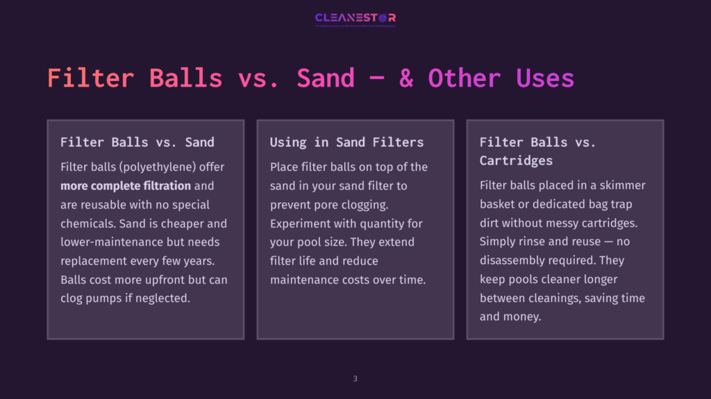 Comparison Of Filter Balls Vs. Sand And Cartridge Filters For Pools. The Image Highlights Benefits Like Complete Filtration, Reusability, And Lower Maintenance For Filter Balls.