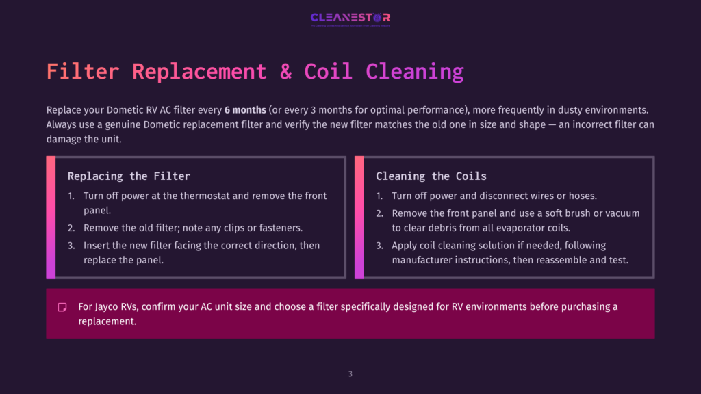 Cleanestor Logo At The Top Of A Graphic With Instructions For Replacing Rv Ac Filters And Cleaning Rv Ac Coils. Text Details Filter Replacement Steps And Coil Cleaning Procedures.