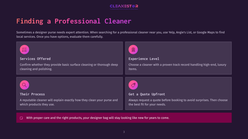 Cleanestor Logo With Text &Quot;Finding A Professional Cleaner&Quot; And Four Icons Detailing Services, Experience, Process, And Quotes.