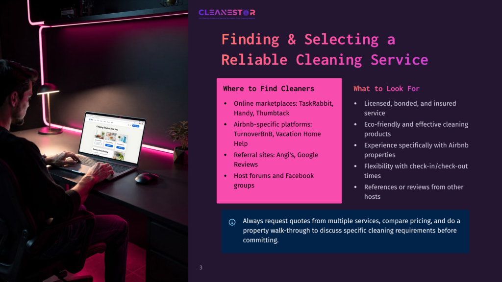 A Man Sits At A Desk In A Dimly Lit Room, Illuminated By A Neon Pink Light, Working On A Laptop Displaying A Cleaning Service Website. The Screen Shows The Cleanestor Logo And Information On Finding Reliable Cleaning Services.