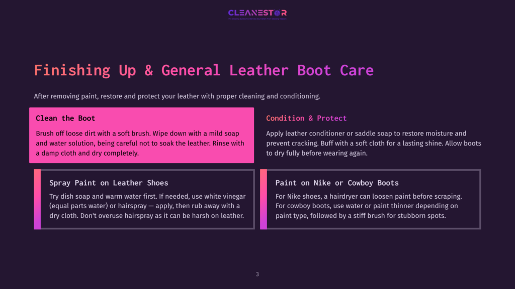 A Graphic With The Title &Quot;Finishing Up &Amp; General Leather Boot Care&Quot; Details How To Clean, Condition, And Protect Leather Shoes, Including Specific Instructions For Spray Painting Leather Shoes And Painting Nike Or Cowboy Boots.