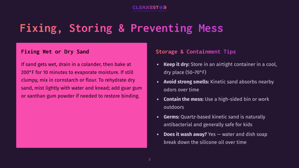 Infographic Detailing How To Fix, Store, And Prevent Mess With Kinetic Sand, Including Tips For Fixing Wet Or Dry Sand, Storage And Containment Tips, And Information On Germs And Washing.