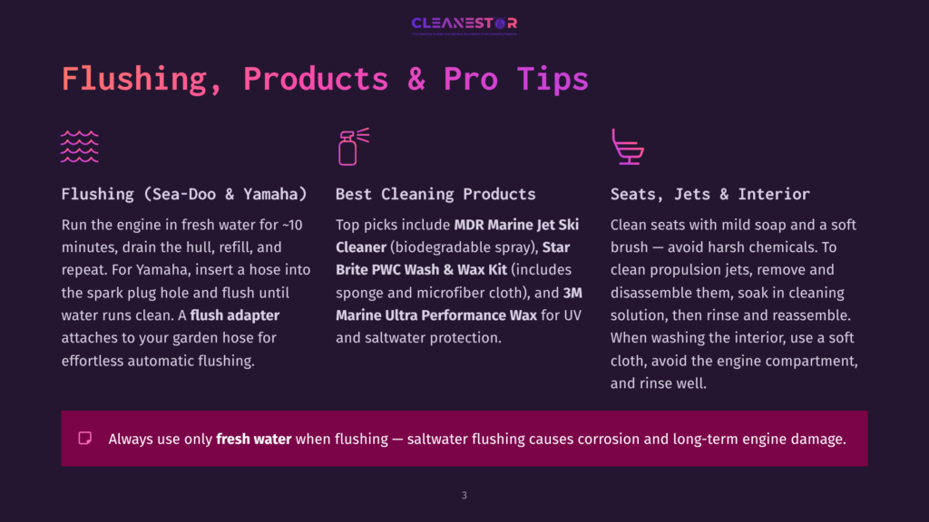 Infographic With Text About Flushing Boat Engines And Cleaning Products. Sections Include &Quot;Flushing (Sea-Doo &Amp; Yamaha)&Quot;, &Quot;Best Cleaning Products&Quot;, And &Quot;Seats, Jets &Amp; Interior&Quot;. A Pink And Purple Color Scheme Is Used With Icons Representing Flushing And Cleaning.