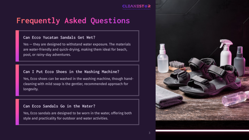 Two Black Ecco Sandals And A Grey Towel Are Arranged On A Wooden Surface, With Cleaning Supplies Including Spray Bottles And A Brush In The Background.