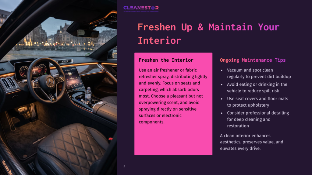 3 Freshen Up And Maintain Your Interior Interior Of A Luxury Mercedes-Benz S-Class, Featuring Ambient Interior Lighting, Leather Seats, And A Modern Dashboard With Illuminated Screens. Text Overlay Reads &Quot;Cleanestor&Quot; And &Quot;Freshen Up &Amp; Maintain Your Interior.
