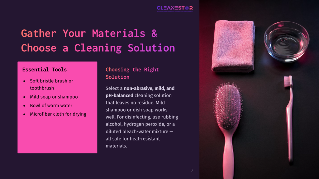 Cleaning Supplies Laid Out: A Pink Toothbrush, A Fluffy Pink Brush, A Microfiber Cloth, And A Glass Bowl Of Water, With Text &Quot;Cleanestor&Quot; And &Quot;Gather Your Materials &Amp; Choose A Cleaning Solution&Quot; Visible.