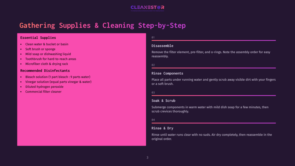 A Dark Purple Slide Titled &Quot;Gathering Supplies &Amp; Cleaning Step-By-Step&Quot; Lists Essential Supplies Like Clean Water, Mild Soap, And A Toothbrush, Alongside Recommended Disinfectants Such As Bleach Solution And Diluted Hydrogen Peroxide.