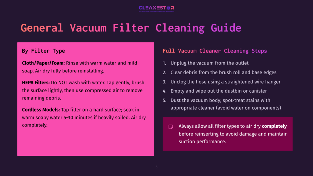 General Vacuum Filter Cleaning Guide With Steps For Cleaning Cloth/Paper/Foam, Hepa, And Cordless Vacuum Filters. Includes Tips For Full Vacuum Cleaner Cleaning Steps.
