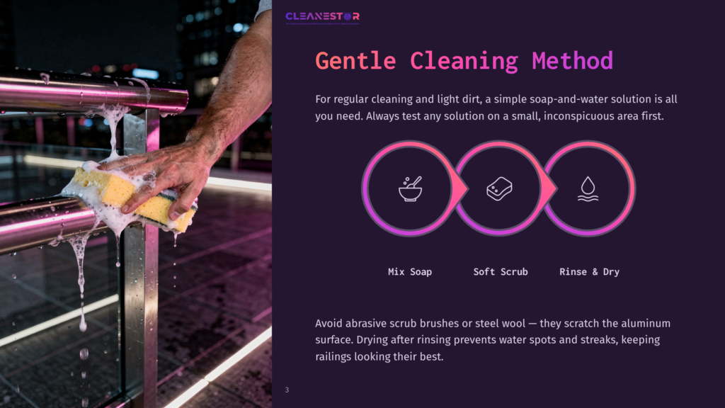 3 Gentle Cleaning Method A Hand With A Yellow Sponge Gently Cleans A Shiny Metal Railing, Creating Foam. The Background Shows A Blurred City At Night. Text On The Right Describes A Gentle Cleaning Method With Icons For Mixing Soap, Soft Scrubbing, And Rinsing.