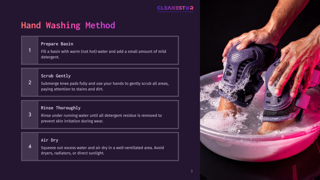 3 Hand Washing Method 2 Close-Up Of Hands Washing Purple Knee Pads In A White Basin Filled With Soapy Water, With A Guide To Hand Washing Knee Pads Visible On The Left.
