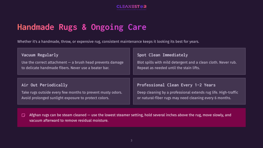 Cleanestor Logo With Text &Quot;Handmade Rugs &Amp; Ongoing Care&Quot; And Tips For Rug Maintenance: Vacuum Regularly, Spot Clean Immediately, Air Out Periodically, Professional Clean Every 1-2 Years, And Afghan Rugs Can Be Steam Cleaned.