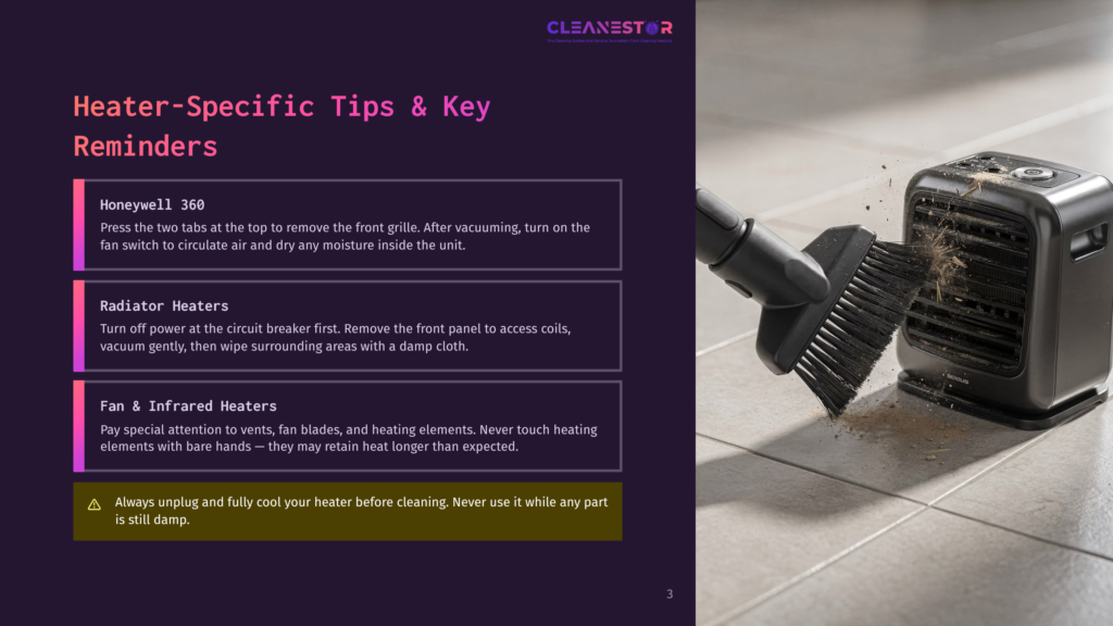 A Black Portable Heater Is Being Cleaned With A Vacuum Cleaner Brush Attachment, With Dust And Debris Visible On The Heater'S Grill And The Floor. Text On The Left Provides Cleaning Tips For Heaters.