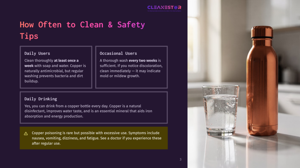 A Copper Bottle Stands On A Kitchen Counter Next To A Glass Of Water, With A Sink In The Background. Text On The Image Provides Cleaning And Drinking Safety Tips For Copper Bottles.