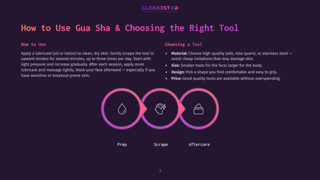 3 How To Use Gua Sha And Choosing The Right Tool Infographic Detailing How To Use Gua Sha And Choose The Right Tool, With Steps For Prep, Scrape, And Aftercare Illustrated By Icons.