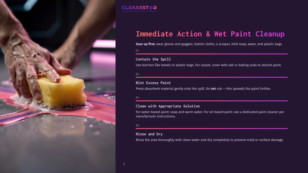 Hands Wearing Gloves Use A Yellow Sponge To Clean Up A Pink Paint Spill On A Metallic Surface, With Soap Suds Visible.